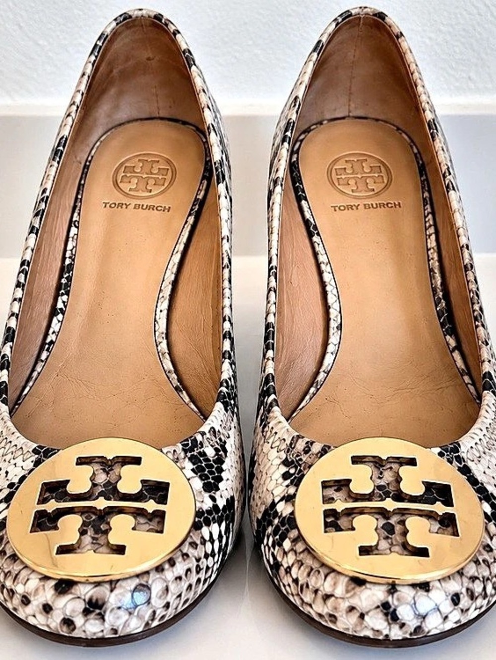 Tory Burch Caroline Wedge Snakeskin Print Flats in Brown & Black